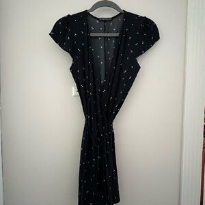 Brandy Melville Navy Midi Wrap Dress with Small White Floral Print